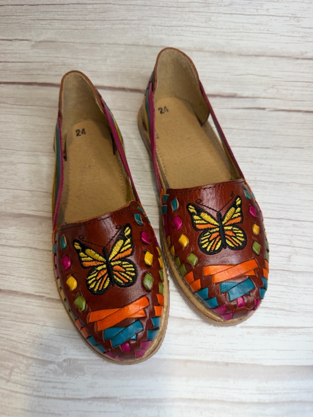 Handcrafted Brown Leather Huarache Flats with Yellow Butterfly Accent